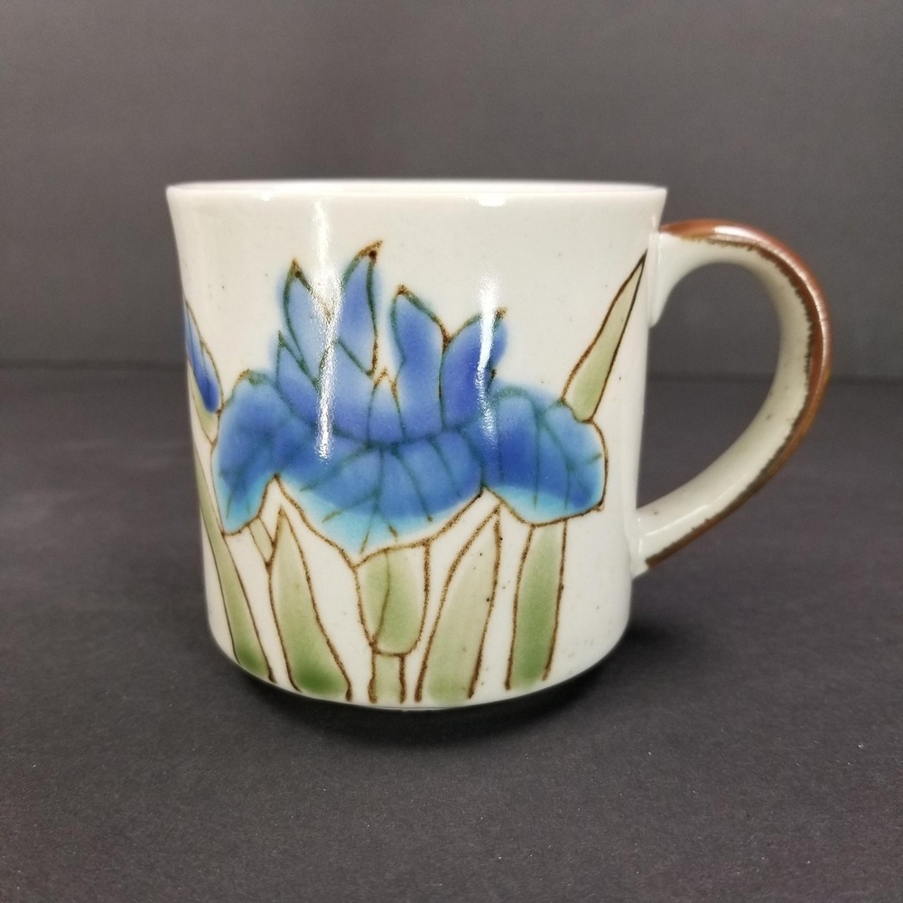 Vintage Blue Iris Floral Speckled Stoneware Coffee Mug‎ Brown *Possible Otagiri*
